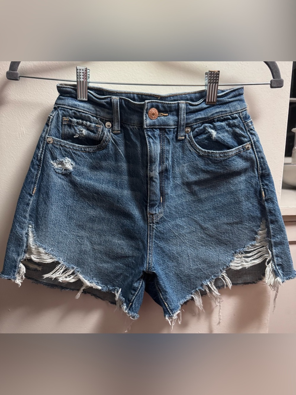 American Eagle Outfitters Distressed Dark Blue High-Rise Denim Shorts size 0